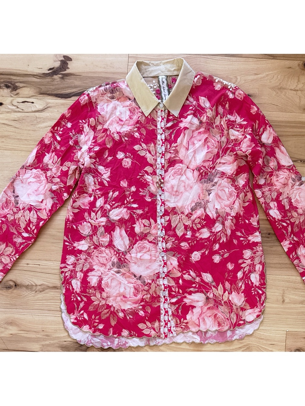 NWOT Aratta Silent Journey Fairy Rose Floral  Mesh Lace Jewes Buttondown Blouse - Picture 5 of 10